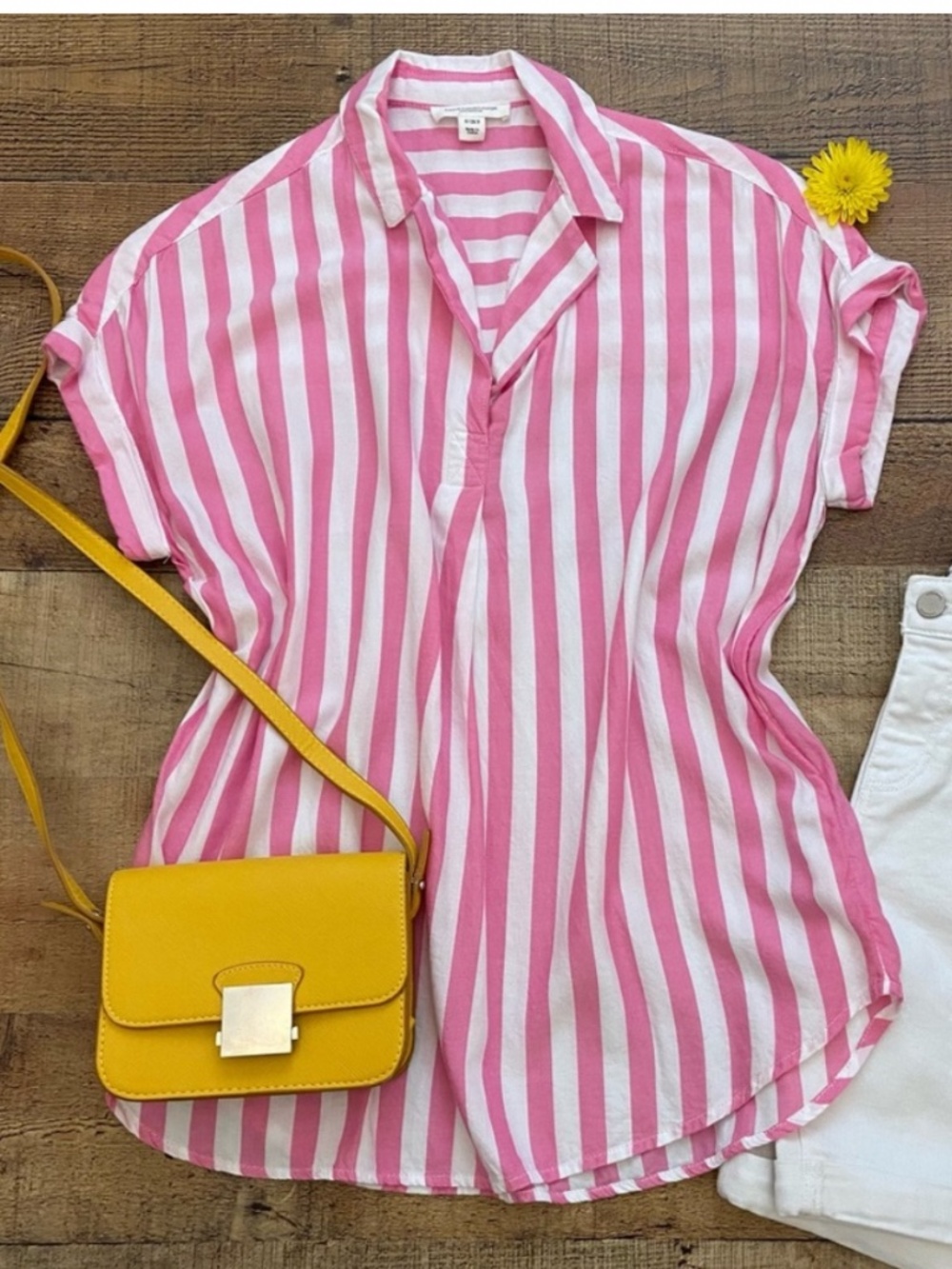 Short Sleeve Striped Blouse in Pink + White
